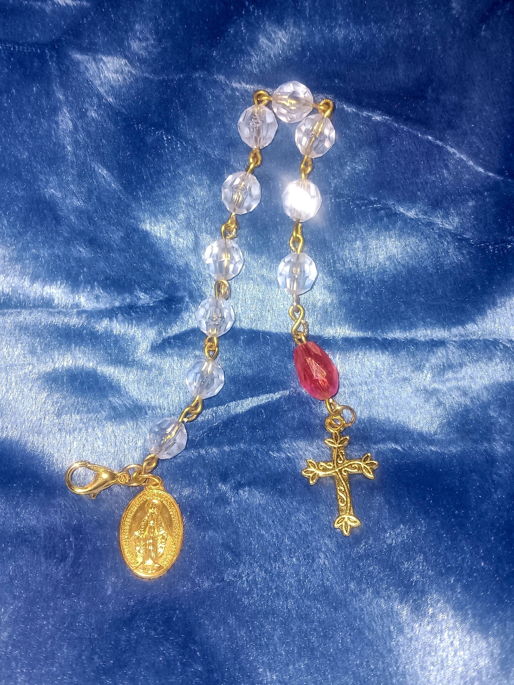 Gold-Tone Clear Bead Pocket Rosary with Red Accent